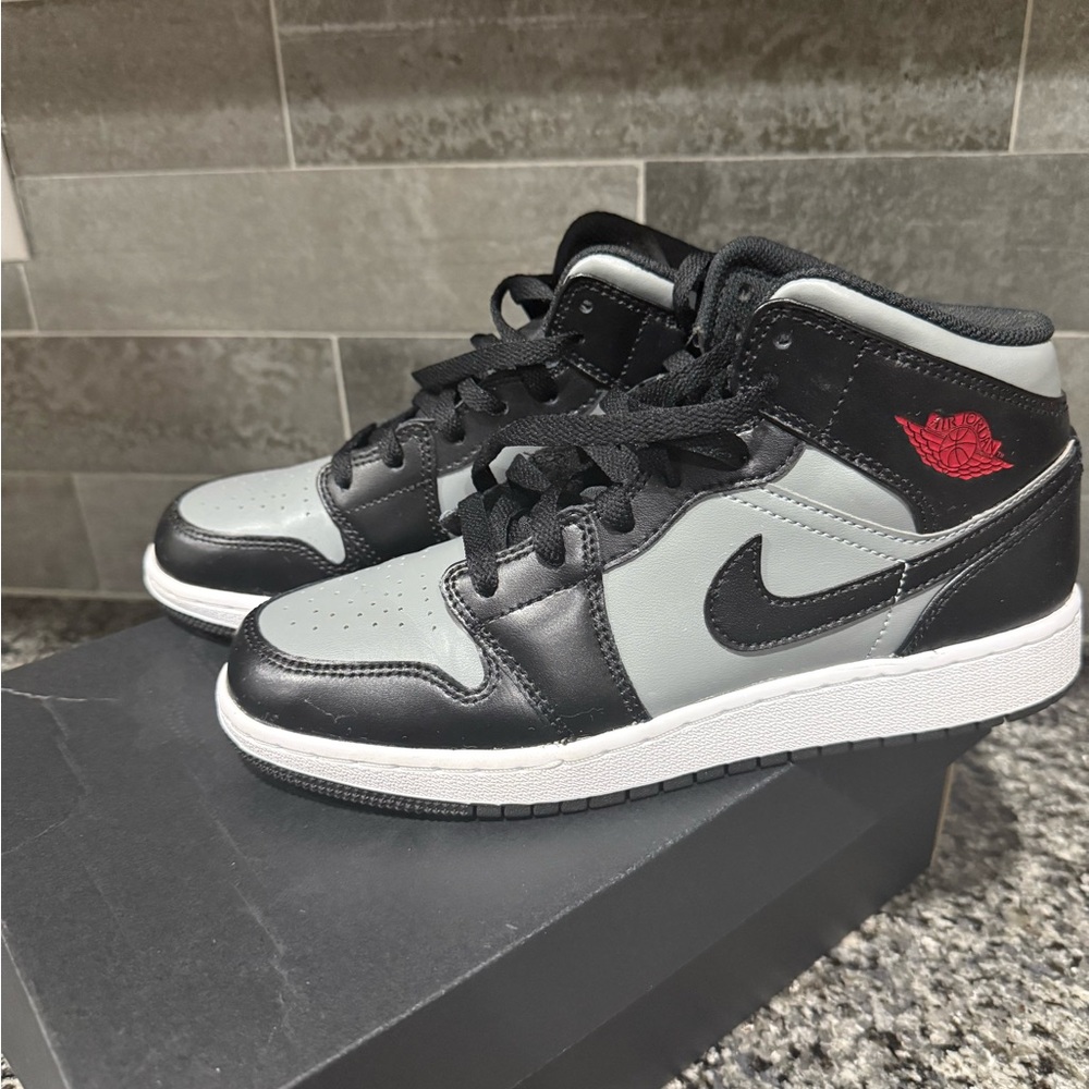 Nike Kids Air Jordan 1 Mid Black Gray with Red Logo